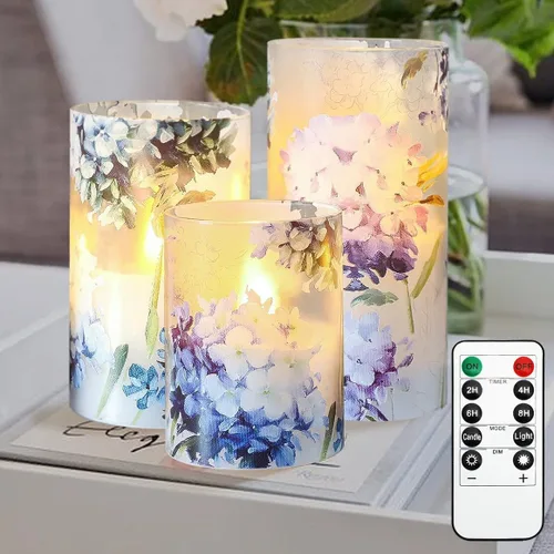 Velas sin llama de hortensias azules, velas LED decorativas parpadeantes con temporizador remoto, velas de cera real que funcionan con pilas para