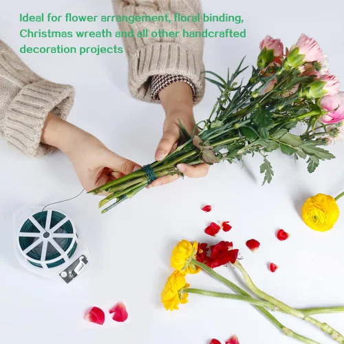 Miniatura 6 de Alambre floral, alambre flexible para manualidades de 110 yardas para corona, calibre 22, suministros de floristería verde con cortador integrado