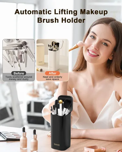 Miniatura 4 de Organizador de brochas de maquillaje mejorado con tapa, organizador de brochas de maquillaje a prueba de polvo con 4 compartimentos para tocador