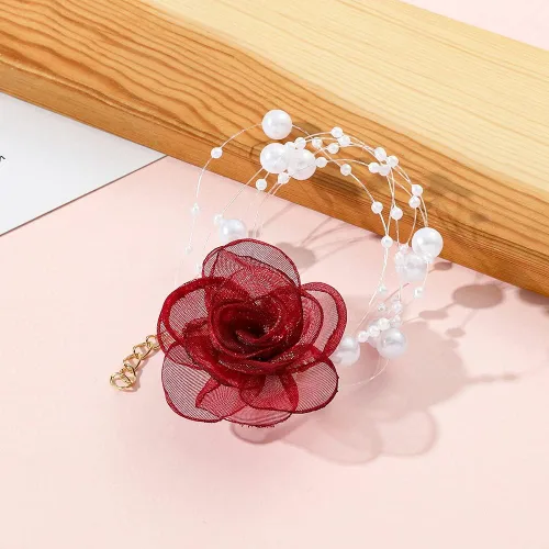 Miniatura 2 de Gargantilla de flor de rosa de camelia, collar de perlas artificiales vintage para mujer, accesorios elegantes para el cuello, collares de fiesta