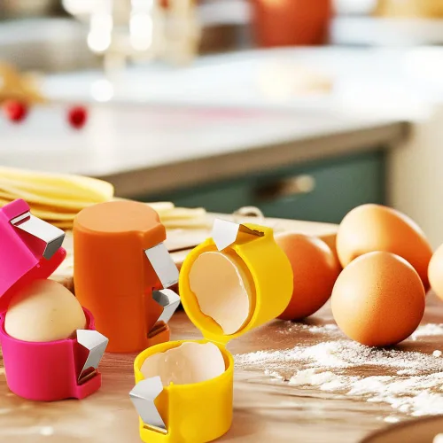 Miniatura 6 de Galleta y pelador de huevos de naranja – Rompe cáscara de huevo de acero inoxidable, separador y cortador para huevos crudos y duros