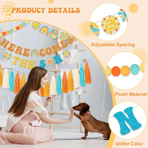 Miniatura 3 de LARRAZABAL Cartel para baby shower con texto en inglés «Here Comes The Son», «Here Comes the Son», decoración de baby shower para niño