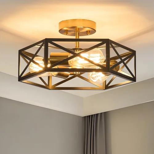 Miniatura 13 de Lámpara de Techo Moderna de Granja Negra y Dorada, Lámpara de Techo Industrial Semiempotrada, Accesorios de Iluminación Hexagonal para Pasillo