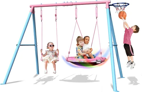 Miniatura 11 de Juego de columpios para niños 5 en 1 para patio trasero con trampolín, soporte de marco en A resistente de 880 libras, soporte de metal