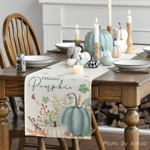 Miniatura 3 de Artoid Mode Aqua Hello - Camino de mesa de otoño con hojas de calabaza, decoración de mesa de comedor de cocina de otoño de temporada
