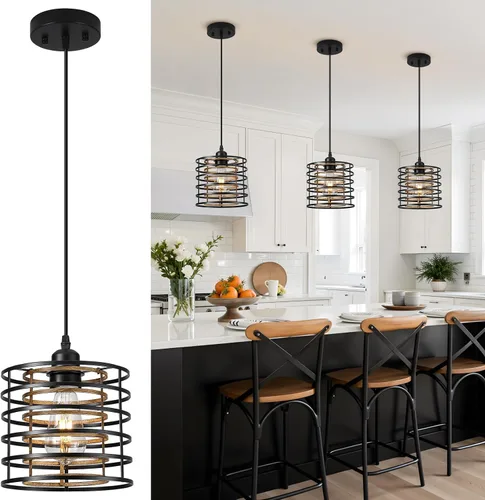 Miniatura 9 de Lámpara colgante, isla de cocina, lámparas colgantes de madera, granja, metal, iluminación colgante para comedor, dormitorio, bar, oficina, negro 1