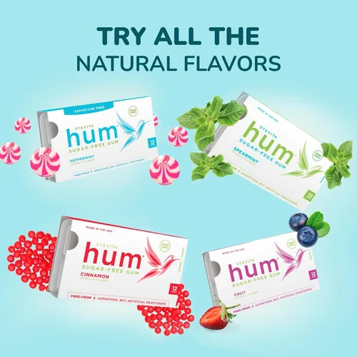 Miniatura 7 de Stevita Hum, Bubblegum - Goma de mascar sin azúcar - 12 piezas, paquete de 12 - Apoya la salud oral - Sin OMG, vegetariano, keto, sin gluten - 72