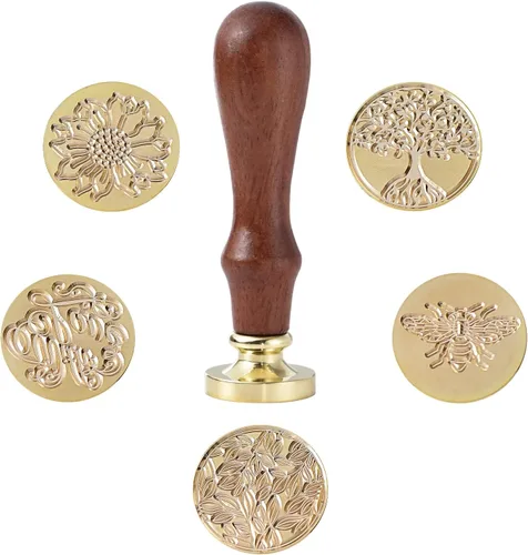 Miniatura 3 de Ailtuer - Juego de sellos de cera, 6 cabezales de sello de cera de sellado de la serie Plant + 1 empuñadura de madera, kit de sellos de cera vintage