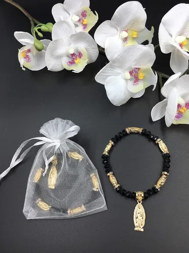 Miniatura 2 de Pulsera de Rosario de Guadalupe de Cristal Negro con Bolsas de Organza, 12 Uds., Bautizo, Recuerdos de Bautizo/Quinceañera/Baby Shower