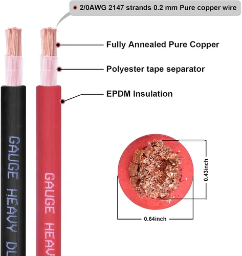 Miniatura 2 de Cable de Batería Calibre 2/0, 10 Pies Rojo + 10 Pies Negro 2/0 AWG Cable de Alambre de Soldadura de Cobre Puro, para Automotriz, Batería, Solar