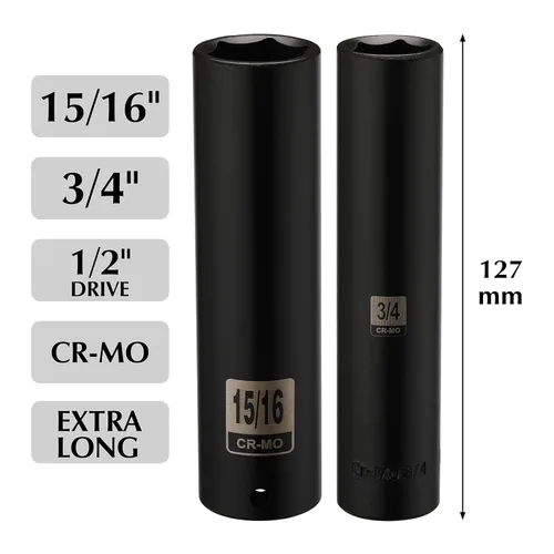 Miniatura 2 de EMENTOL Juego de 2 llaves de vaso de impacto profundo extra largas de 1/2 pulgada, 3/4 pulgadas y 15/16 pulgadas, CR-MO, SAE, 6 puntos de enchufe