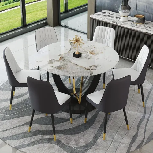 Miniatura 56 de JUFU Juego de mesa de comedor redonda para 4, mesa de comedor de 48 pulgadas con mesa de mármol sintético y 4 sillas tapizadas, moderno juego