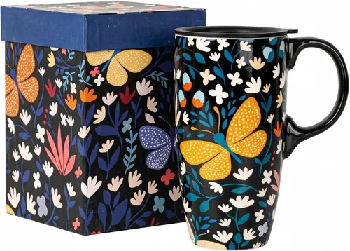Miniatura 9 de Topadorn Tazas de Viaje de Cerámica Taza de Té Latte de Porcelana Taza de Café con Caja de Regalo, 17 oz. Jardín Rosa Rosa (PINK GARDEN)
