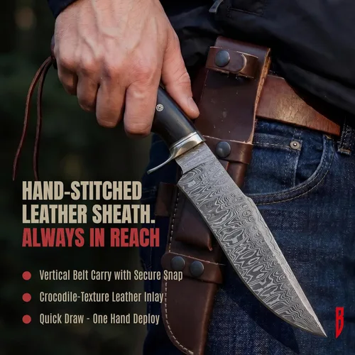 Miniatura 6 de BIGCAT ROAR Leopard Hunter - Cuchillo de caza hecho a mano de acero de Damasco de hoja fija de 12 pulgadas - Mango de madera de nogal y funda