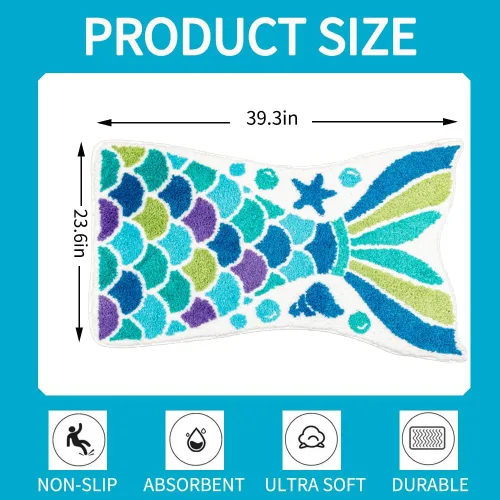 Miniatura 2 de Bonita alfombra de baño de sirena, divertida alfombra de baño con forma de cola de pez océano azul, escamas de sirena, para baño, antideslizante