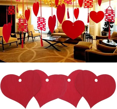 Miniatura 3 de 100 piezas de corazones de madera roja decorativos en forma de corazón con agujero para colgar para manualidades de bricolaje para decoración