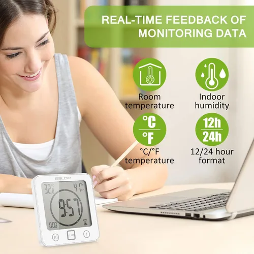 Miniatura 2 de Temporizador de ducha digital con pantalla táctil impermeable, pantalla de temperatura y humedad, reloj de baño con ventosas y agujero para colgar