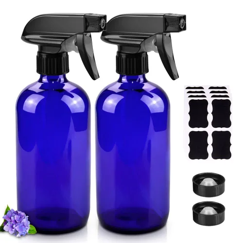 Worldgsb Botellas de vidrio con aerosol, recipientes recargables de 16 onzas, botellas redondas vacías Boston con etiquetas y boquilla ajustable Azul