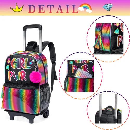 Miniatura 5 de Mochila con ruedas para niñas, mochila escolar con ruedas, bolsa escolar con bolsa de almuerzo y bolsa para lápices, mochila con ruedas para niños