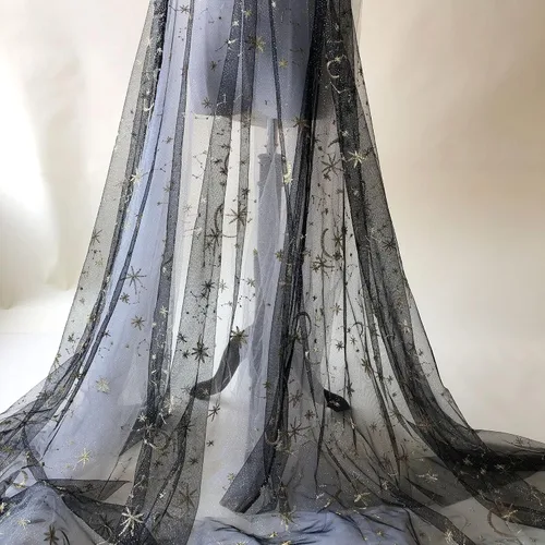 Miniatura 4 de The Yard - Tela de encaje de estrellas doradas bordadas con estrellas y luna, azul marino, para disfraz celestial, decoración del hogar, 5 yardas