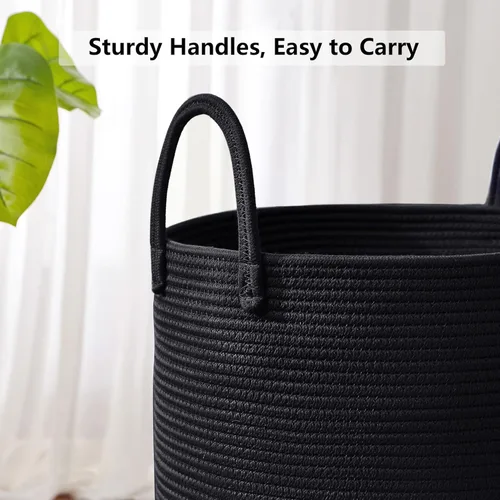 Miniatura 4 de Cesta de lavandería de 62L en negro con cuerda trenzada, cesta de almacenamiento para ropa y mantas, cesta alta y moderna para sala de estar