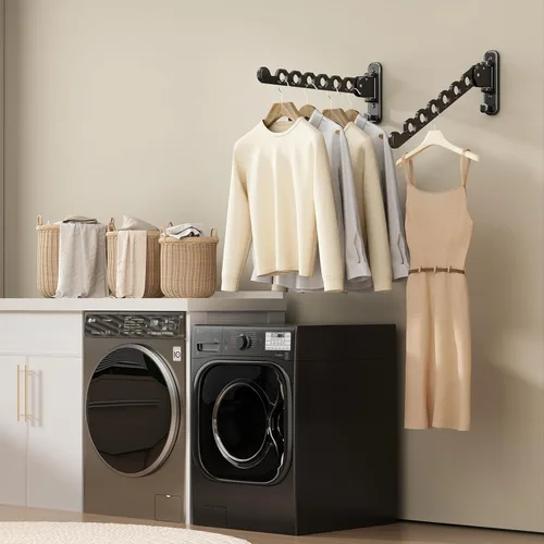 Miniatura 2 de Danpoo Tendedero de ropa plegable montado en la pared Estante de secado de ropa Percha de ropa Secadora de ropa Negro