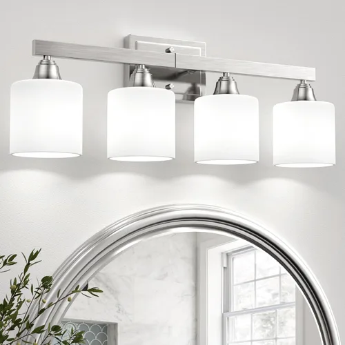 VOLISUN Accesorios de iluminación de baño de níquel cepillado, 4 luces de cambiador de baño sobre espejo, lámpara de tocador moderna para baños,