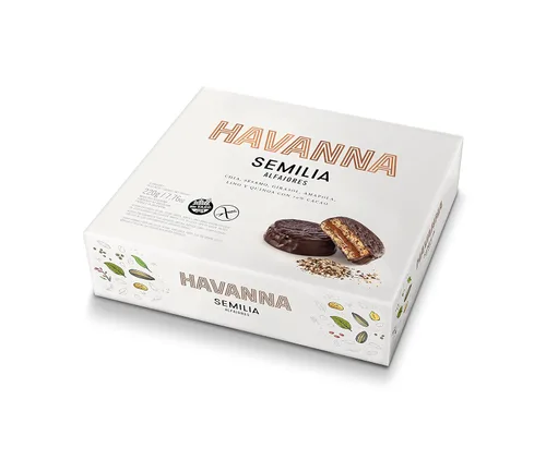 Havanna - Chocolate Alfajor con Semillas - (Chía - Sésamo - Semillas de Amapola de Girasol Lino y Quinoa) 70% Cacao - Caja de 4 Unidades - 7.76 oz