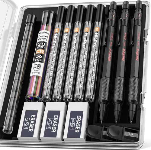 Nicpro - Juego de 3 lápices mecánicos de 2 mm con estuche, 33 recambios de mina de grafito (4B 2B HB 2H 4H), 36 minas de colores, borradores -