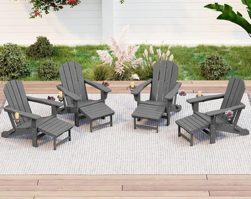 Miniatura 48 de KINGYES Silla Adirondack plegable ajustable con otomana retráctil, silla reclinable Adirondack de polietileno de alta densidad con soporte