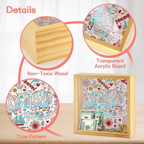 Miniatura 3 de Alcancía para niños, caja de madera más grande y segura para niños, caja de dinero de madera natural, impresa en la parte delantera de plexiglás