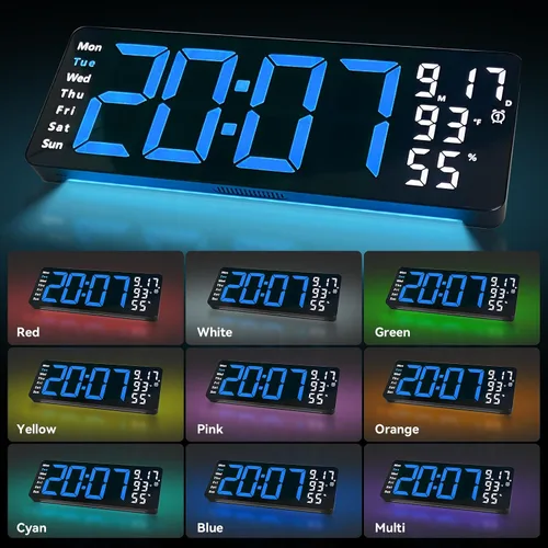 Miniatura 9 de Reloj de pared digital con pantalla grande, reloj digital de 17.3 pulgadas con control remoto a color RGB, reloj de pared grande con atenuación