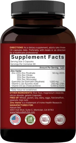 Miniatura 7 de NatureBell Zinc y Quercetina con Vitamina C y D3, 240 Cápsulas Quercetina 1,000mg + Zinc 50mg + Vitamina C 250mg + Vitamina D3 5,000 UI Soporte