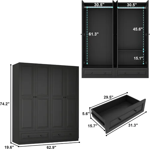 Miniatura 2 de Armario Armario con cajón: Armario de dormitorio para colgar ropa, armario de madera para ropa con puertas, Armario con estantes (negro, 63 pulgadas)