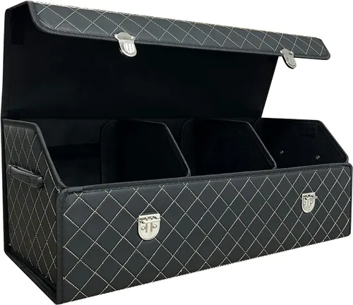 Miniatura 13 de Organizador de maletero Wuatow para coche, organizador de maletero para SUV y sedán, con tapa, multifuncional, caja de almacenamiento de carga Negro