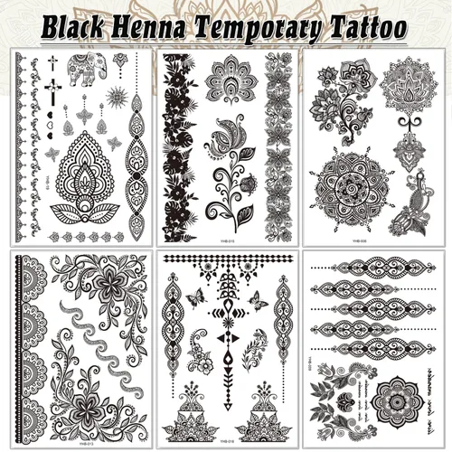 Miniatura 2 de 6 hojas de tatuajes temporales de henna negra para mujeres y niñas, calcomanías de tatuaje falsas de encaje, misterioso, sexy, mandala, flor, diseño