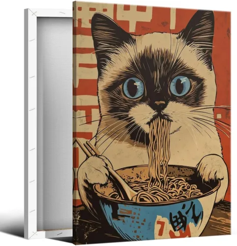 Miniatura 10 de Arte de pared vintage de gato japonés en lona, póster de gato negro peculiar comiendo ramen, impresión de arte retro de animales divertidos