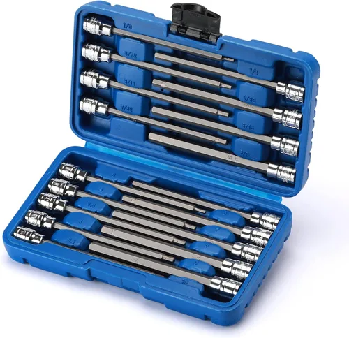 Miniatura 6 de EMENTOL 18 piezas 3/8" impulsión juego de llaves hexagonales largas, CR-V, acero S2, SAE/Métrica, juego de llaves hexagonales Allen extra largas