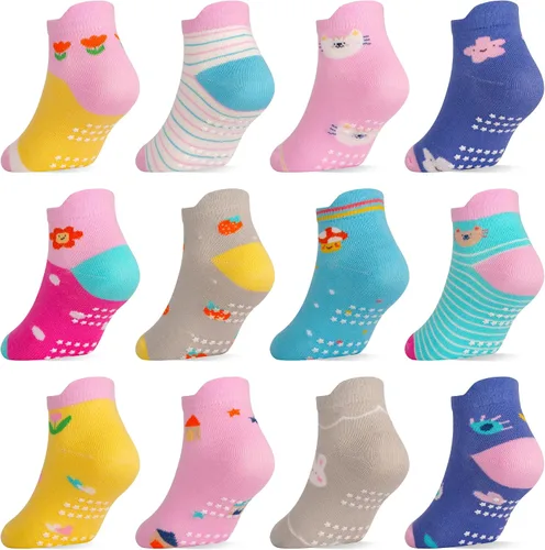 Miniatura 9 de Tphon Toddler Girls Socks with Grips Baby Anti Slip Ankle Socks 12 Pairs Kids Cute Cartoon Patterns Sock for 6M-7Years