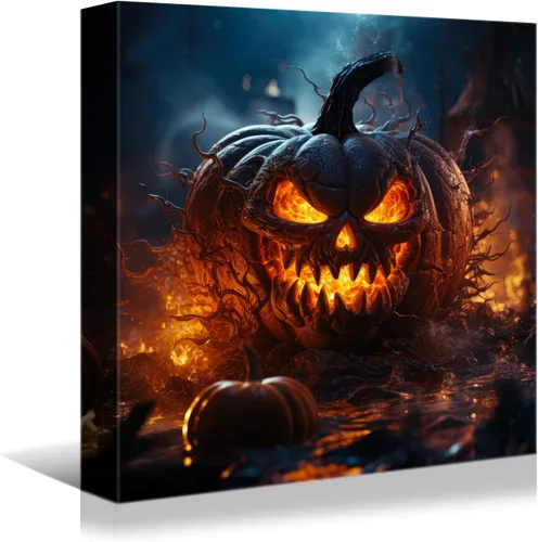 Miniatura 12 de YONICA Lienzo decorativo de Halloween para pared de sala de estar, decoración del hogar, calabaza de Halloween y gato negro sobre lienzo, obra