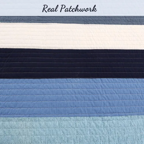 Miniatura 5 de Cozy Line Home Fashions Juego de ropa de cama acolchada reversible para niño de 100% algodón a rayas azul marino, colcha cubrecama para todas