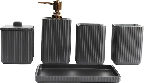 Hymmah Juego de accesorios de baño negro, juego de baño de diseño único, juego de regalo de resina de 5 piezas, necesidades de apartamento, contiene