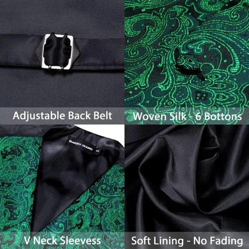 Miniatura 14 de Barry.Wang Conjunto de chaleco de pajarita para hombre, chaleco con cuello en V de seda jacquard de cachemira, gemelos de pañuelo formal/ocio, boda