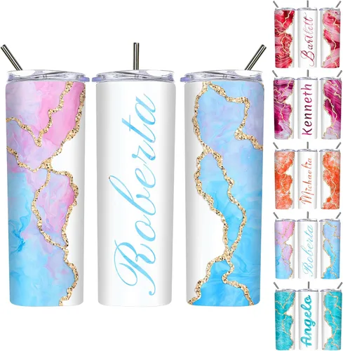 Miniatura 13 de Vasos delgados personalizados con tapas y pajitas de 20 onzas, diseño de mármol personalizado, vasos de acero inoxidable delgados con nombre