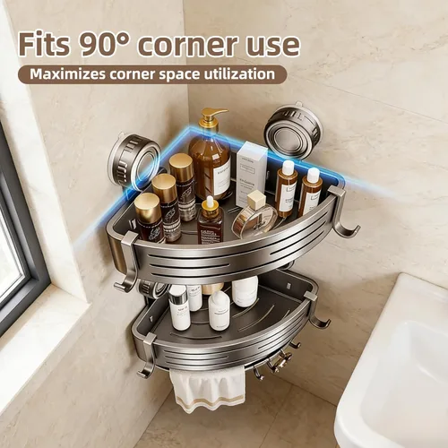 Miniatura 5 de Organizador de ducha de esquina, estante de pared de baño con ventosa, organizador de aluminio sin taladrar con ganchos, estante flotante