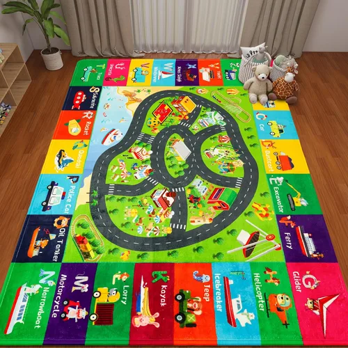 Alfombra de juego para niños, alfombra de tráfico para carretera, 118 x 78.7 pulgadas, para sala de juegos, transporte ABC, alfombra educativa del