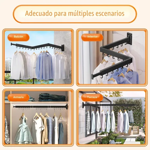 Miniatura 4 de HEILAIYI Estante de Secado de Ropa para Lavandería, Perchero de Ropa Montado en la Pared, Plegable, Retráctil, Plegable (Con Ganchos en Forma de J)