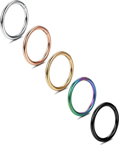 Miniatura 8 de Jstyle 5 anillos de acero quirúrgico 316L para la nariz, 16G, 18G, 20G, con bisagras, para la nariz, para mujeres y hombres, cartílago, arete