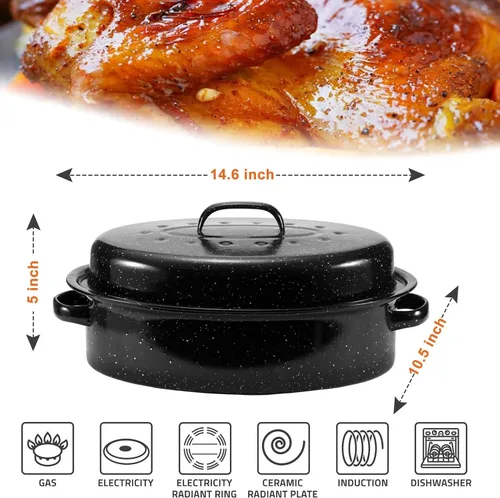 Miniatura 7 de Sartén para asar pavo ovalada esmaltada de 14.6 pulgadas con tapa abovedada, regalo para la madre, cubierta, antiadherente, libre de productos