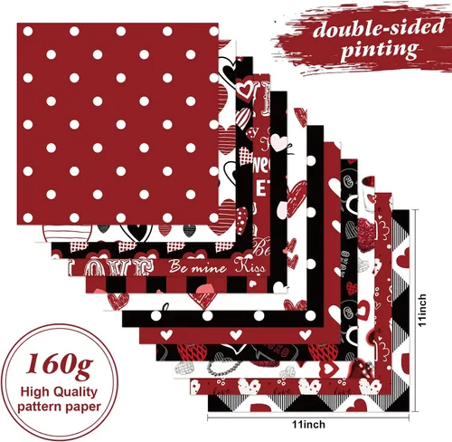 Miniatura 2 de Papel con Patrón de San Valentín de Doble Cara Papel Decorativo para Álbum de Recortes de San Valentín, Cartulina Roja y Negra con Corazones de Amor